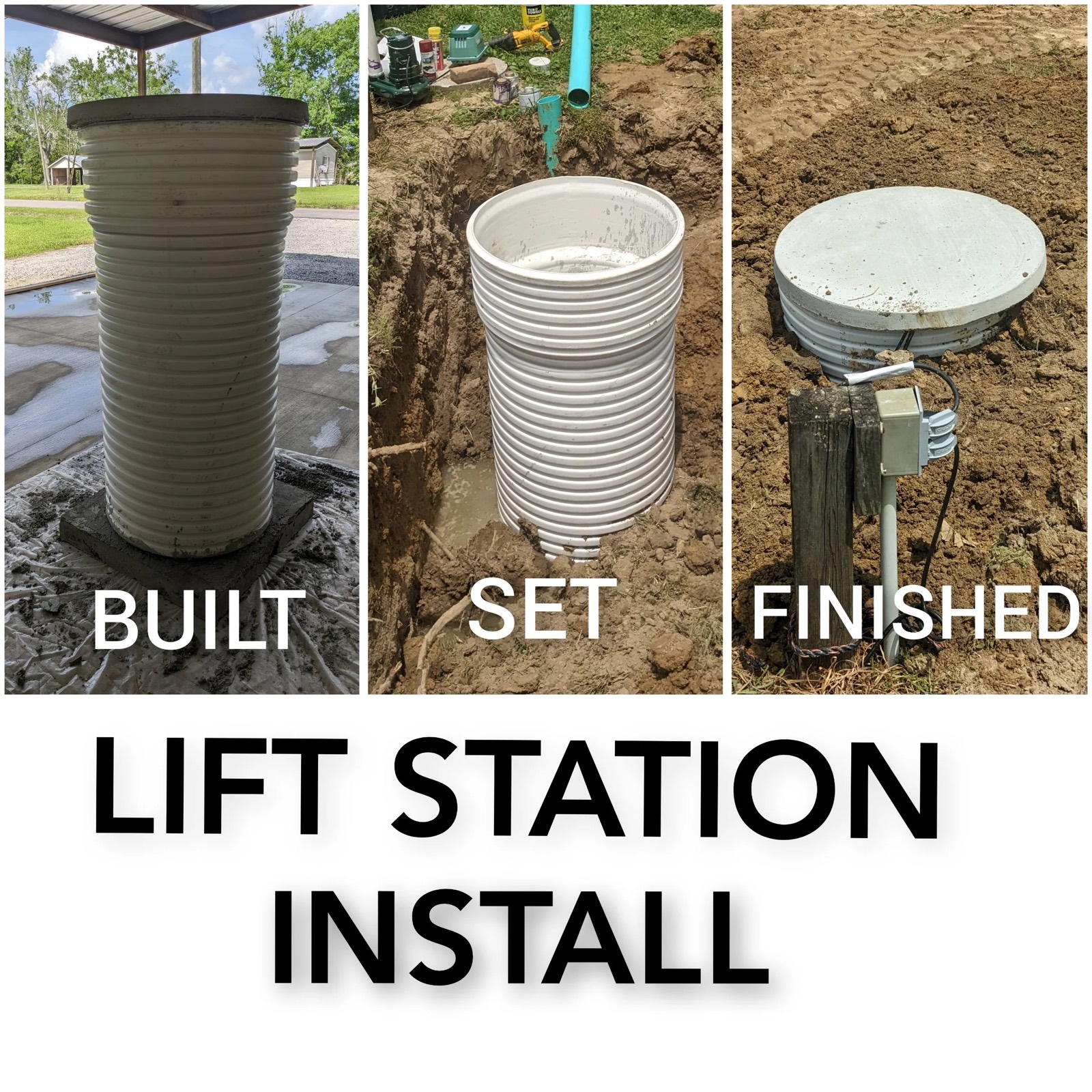 A lift station install in three stages: built, set, and finished.